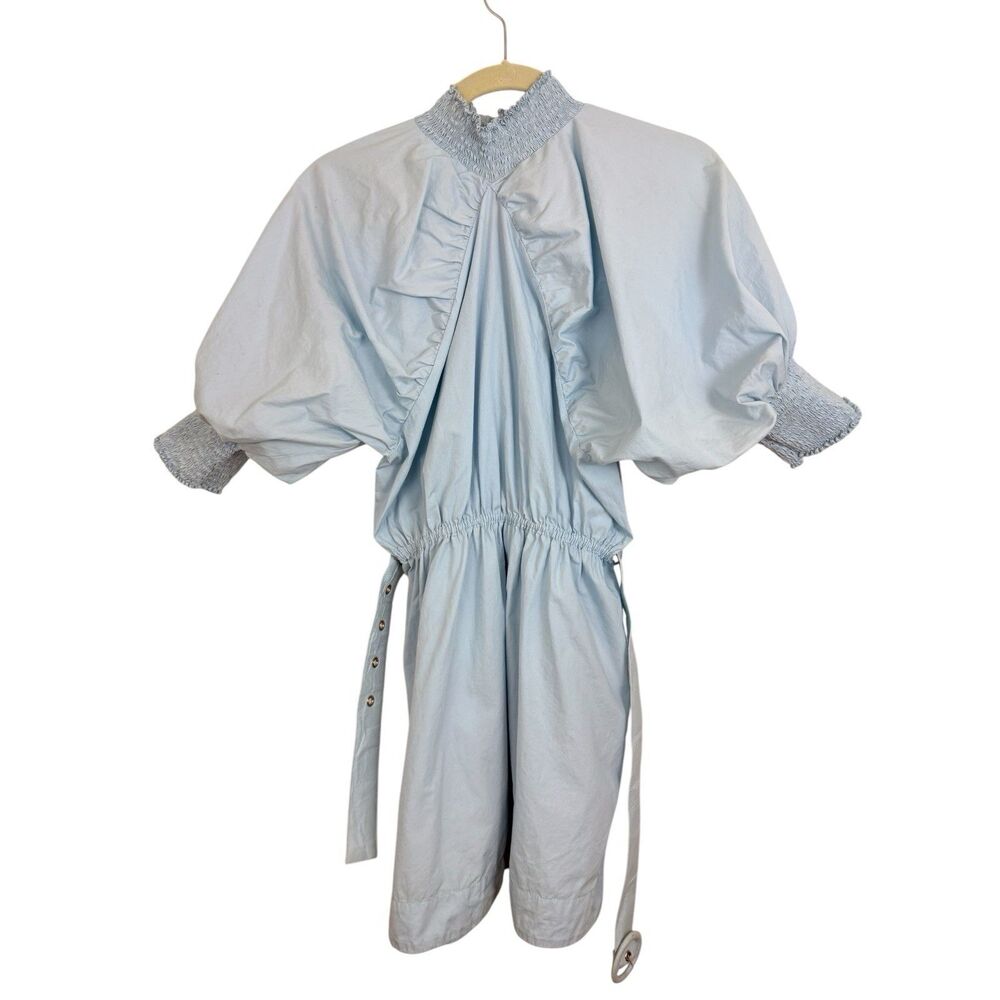 SWF Revolve Belted Mini Dress Sz Small Blue Cotton Smocked Mock Neck Keyhole
